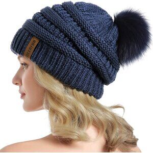 Women Denim Blue Soft Acrylic Thick Baggy Knit Winter Faux Fur Pompom Beanie
